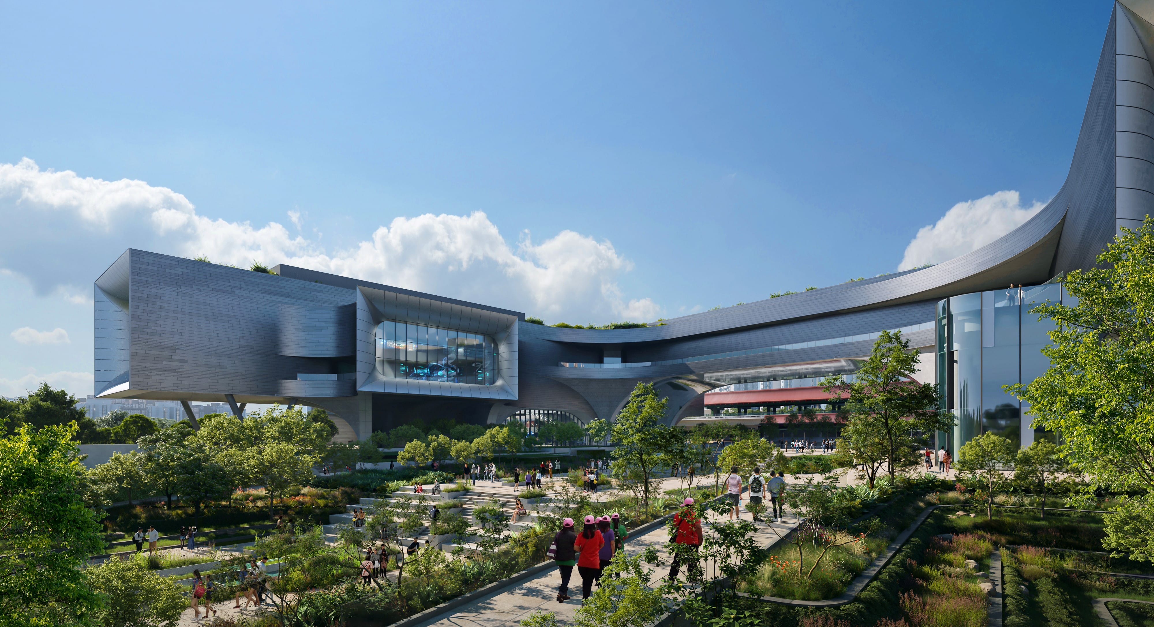 The 30m wide outdoor activity plaza linking to Chinese Gardens MRT station.